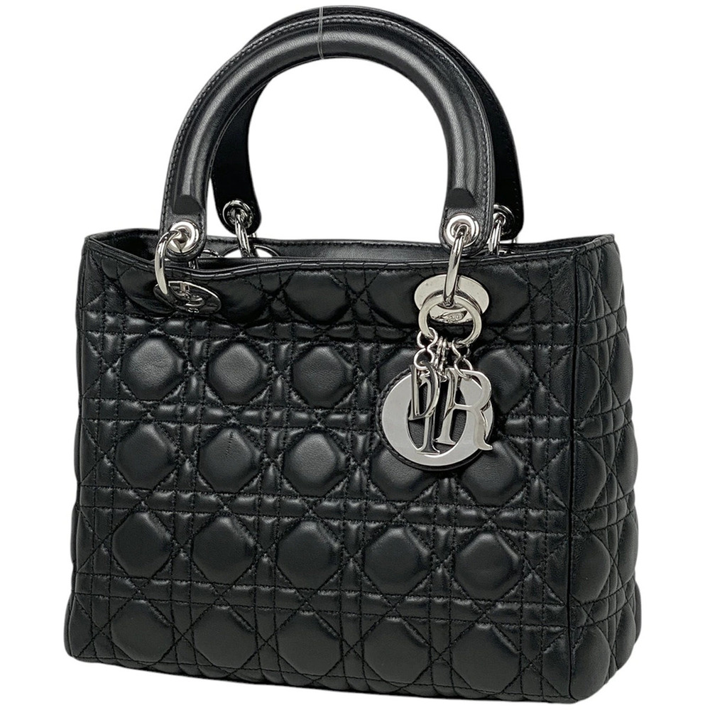 Christian Dior Lady Shoulder Bag Cannage Handbag Leather Black